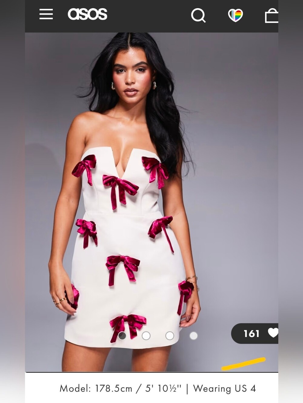 ASOS- DESIGN Bow Detail Strapless Mini Dress Pink Velvet Bows Size 4 Sold Out - Picture 2 of 6